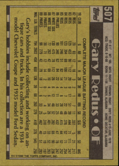 1990 Topps #507 Gary Redus back image