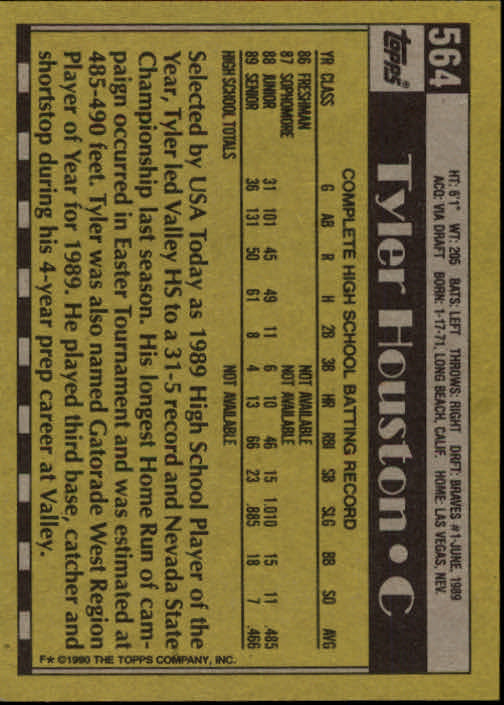 1990 Topps #564 Tyler Houston FDP RC back image