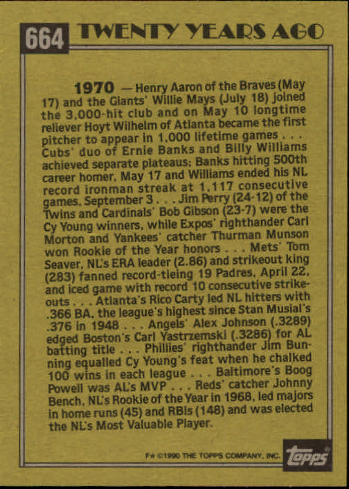  1990 Topps Baseball #664 Johnny Bench Cincinnati Reds