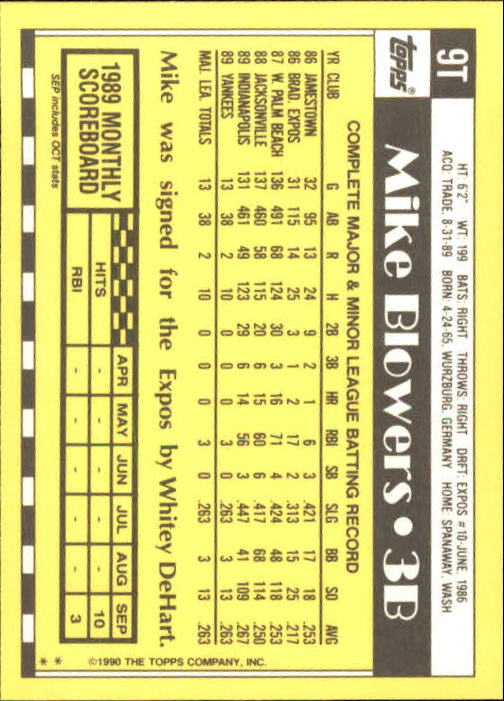 1990 Topps Traded #9T Mike Blowers RC back image