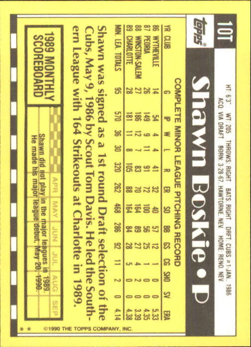 1990 Topps Traded #10T Shawn Boskie RC back image