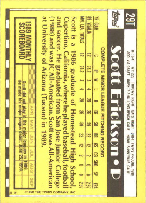1990 Topps Traded #29T Scott Erickson RC back image