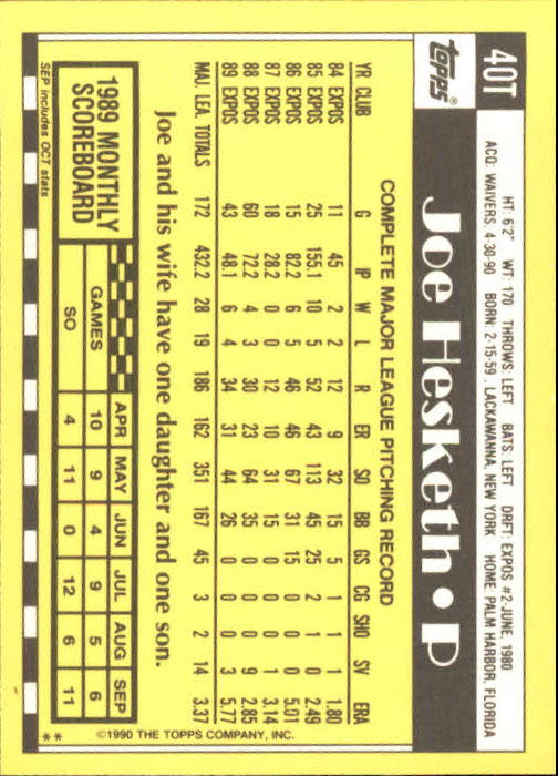 1990 Topps Traded #40T Joe Hesketh back image