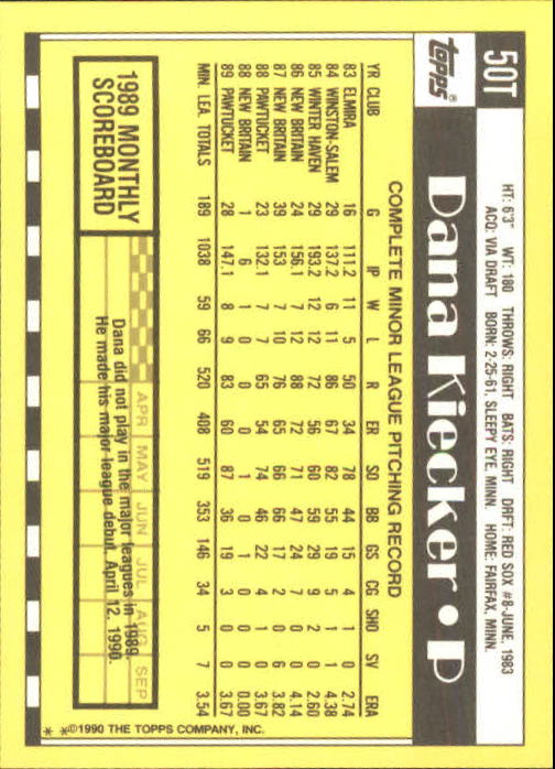 1990 Topps Traded #50T Dana Kiecker RC back image