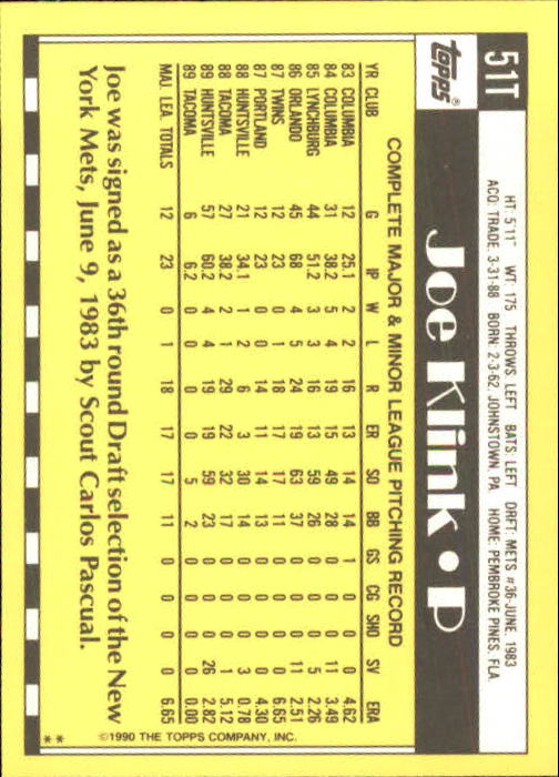1990 Topps Traded #51T Joe Klink RC back image