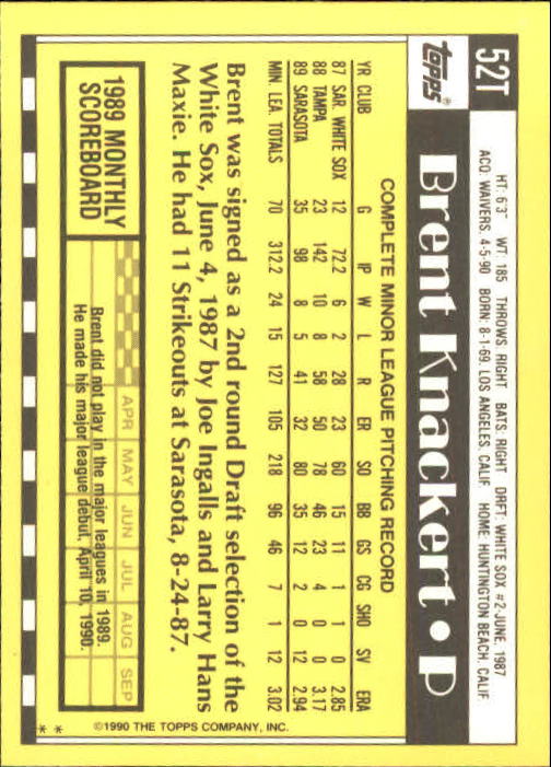 1990 Topps Traded #52T Brent Knackert RC back image