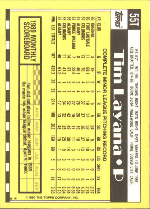 1990 Topps Traded #55T Tim Layana RC back image