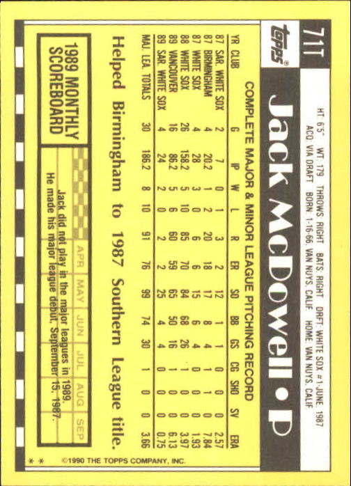 1990 Topps Traded #71T Jack McDowell back image