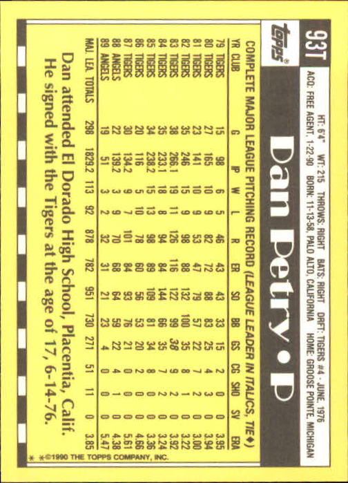 1990 Topps Traded #93T Dan Petry back image