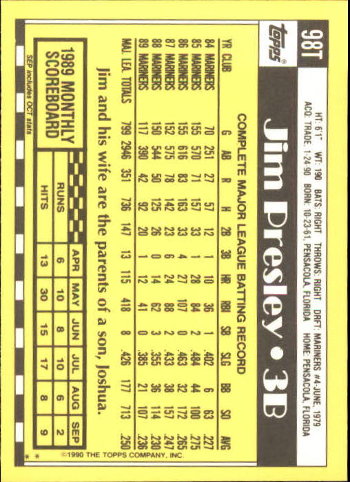 1990 Topps Traded #98T Jim Presley back image