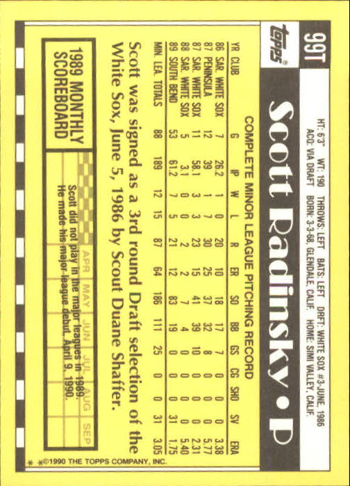 1990 Topps Traded #99T Scott Radinsky RC back image