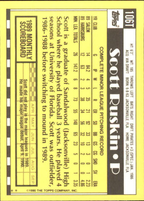 1990 Topps Traded #106T Scott Ruskin RC back image