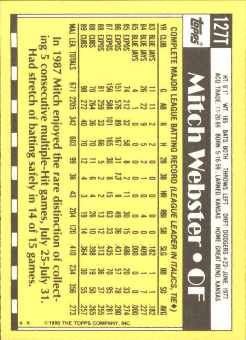 1990 Topps Traded #127T Mitch Webster back image
