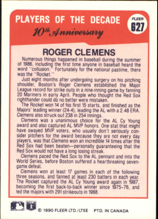 1990 Fleer Canadian #627 Roger Clemens '86 back image