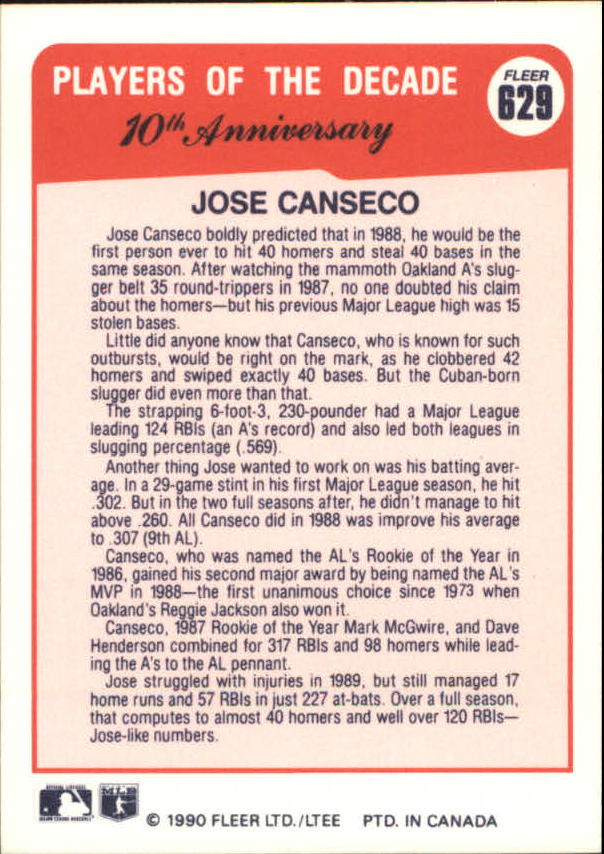 1990 Fleer #629 Jose Canseco A's PLAYERS OF THE DECADE