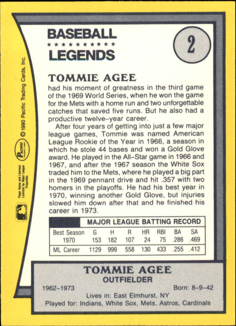 1990 Pacific Legends #2 Tommie Agee back image