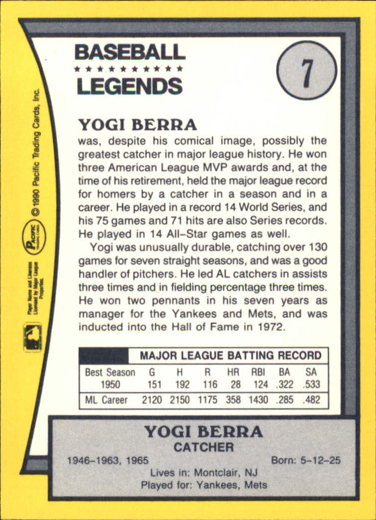1990 Pacific Legends #7 Yogi Berra back image