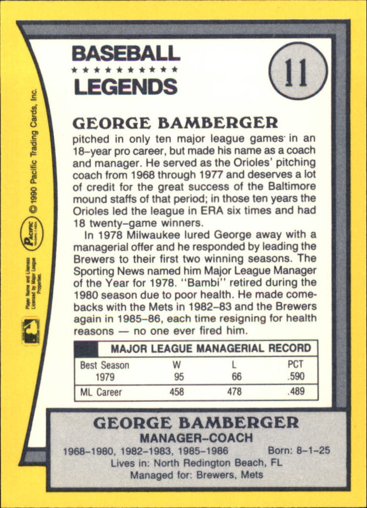 1990 Pacific Legends #11 George Bamberger back image