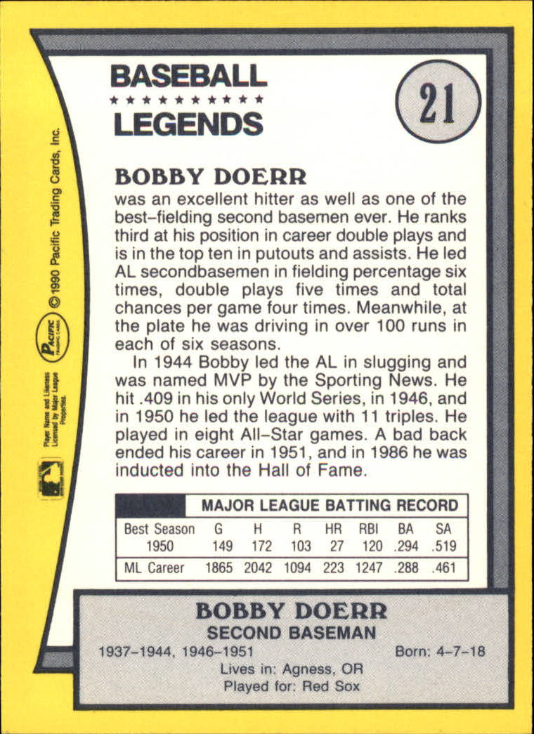 1990 Pacific Legends #21 Bobby Doerr back image