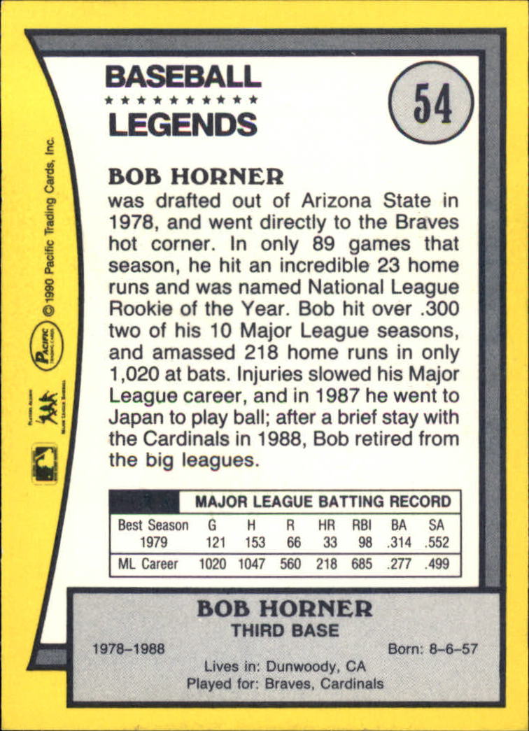 1990 Pacific Legends #54 Bob Horner back image