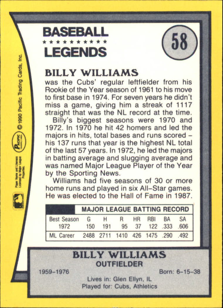 1990 Pacific Legends #58 Billy Williams back image