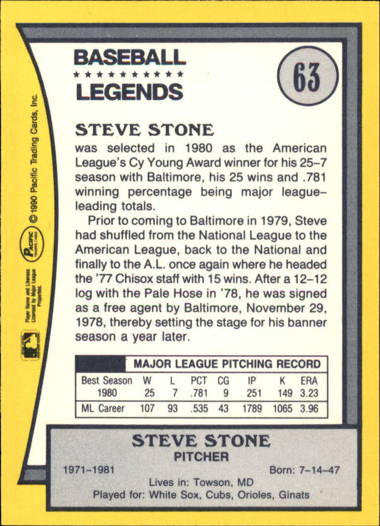 1990 Pacific Legends #63 Steve Stone back image