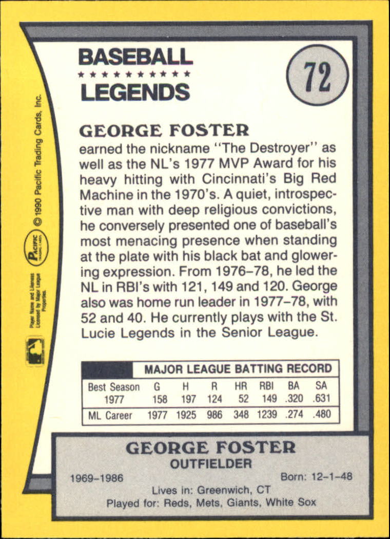 1990 Pacific Legends #72 George Foster back image