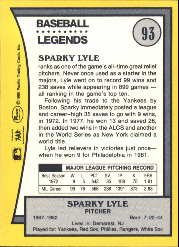 1990 Pacific Legends #93 Sparky Lyle back image