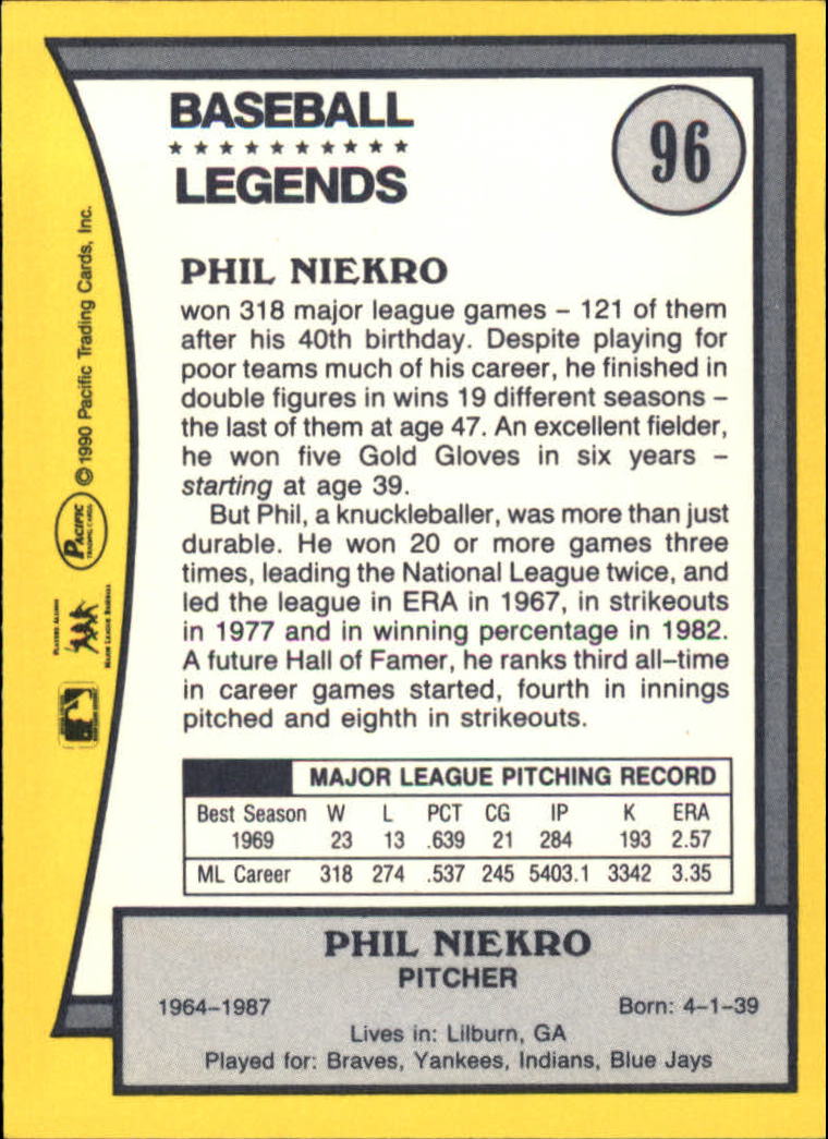 1990 Pacific Legends #96 Phil Niekro back image