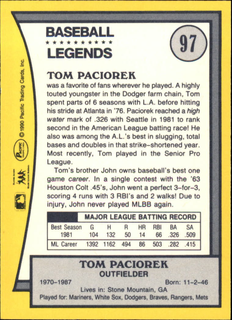 1990 Pacific Legends #97 Tom Paciorek back image