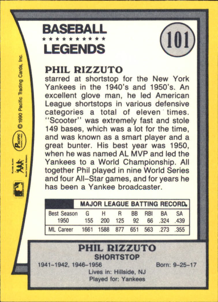 1990 Pacific Legends #101 Phil Rizzuto back image