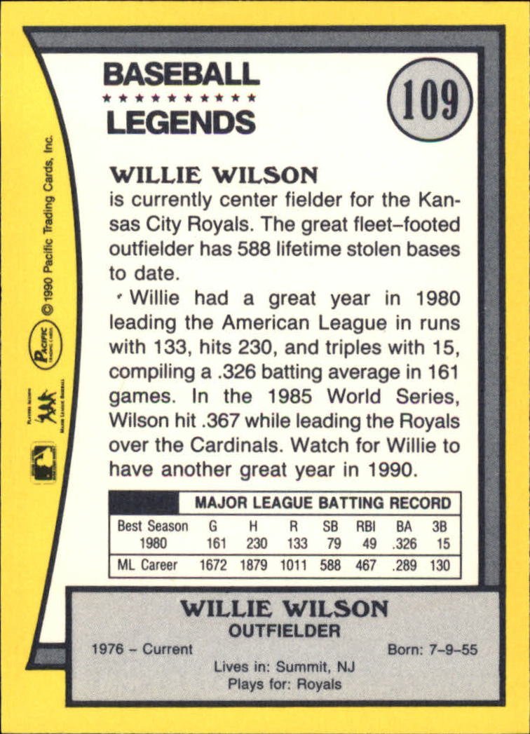 1990 Pacific Legends #109 Willie Wilson back image