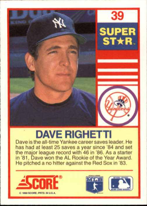 1990 Score 100 Superstars #39 Dave Righetti back image