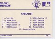 1990 Star Bonds #1 Barry Bonds/Checklist back image