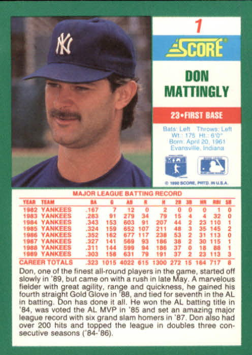 1990 Score #1 Don Mattingly back image