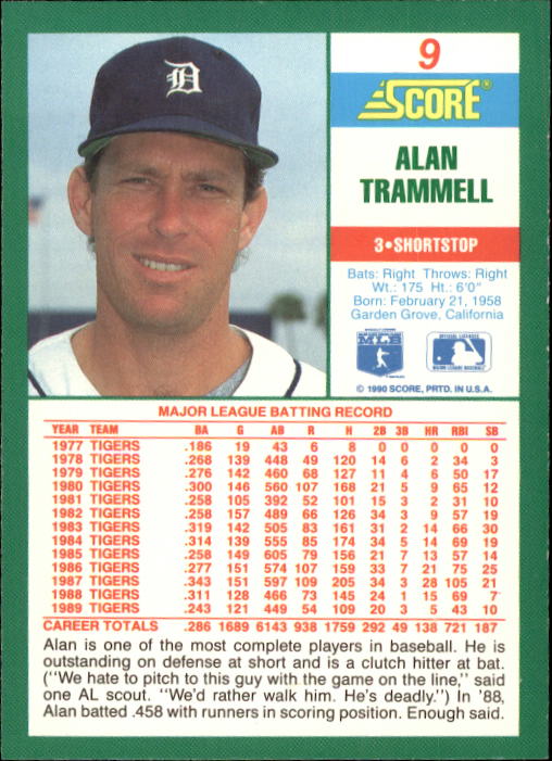 1990 Score #9 Alan Trammell back image