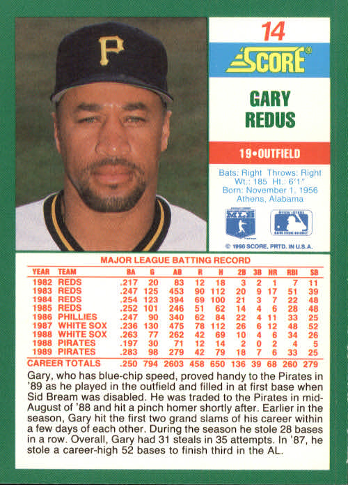 1990 Score #14 Gary Redus back image