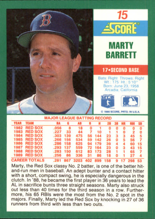 1990 Score #15 Marty Barrett back image