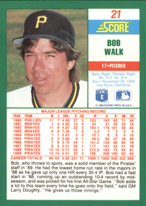 1990 Score #21 Bob Walk back image