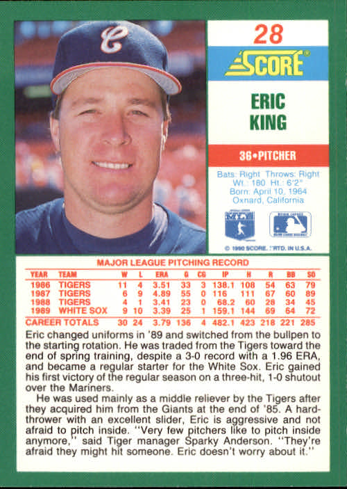 1990 Score #28 Eric King back image