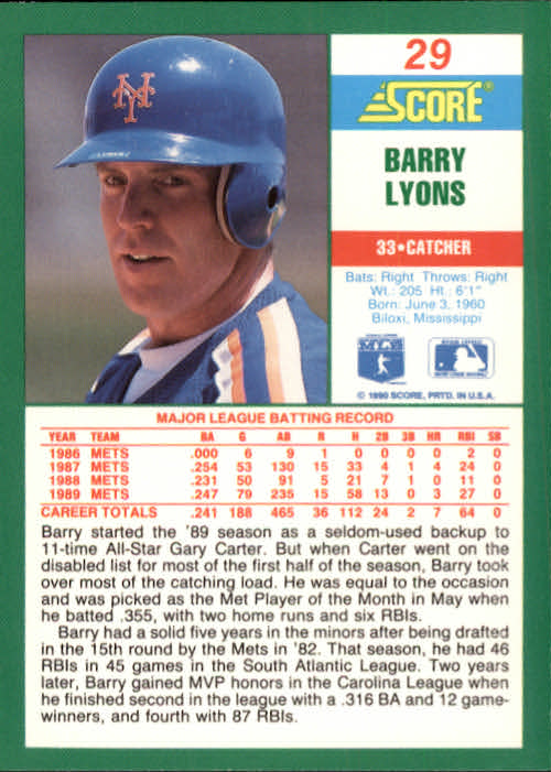 1990 Score #29 Barry Lyons back image
