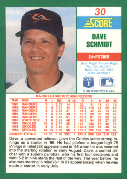 1990 Score #30 Dave Schmidt back image