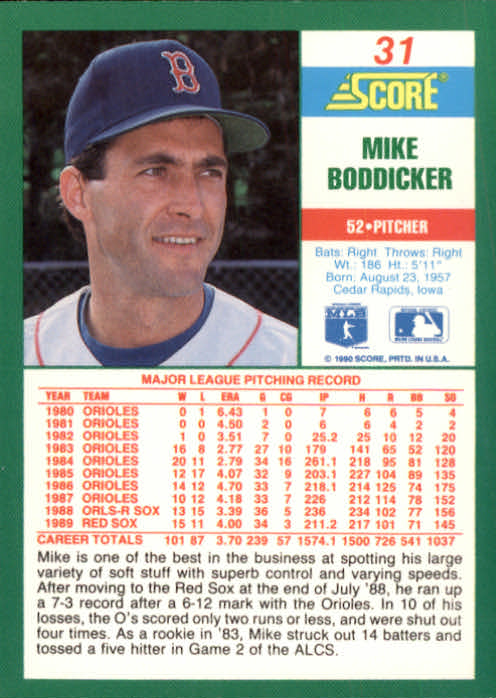 1990 Score #31 Mike Boddicker back image