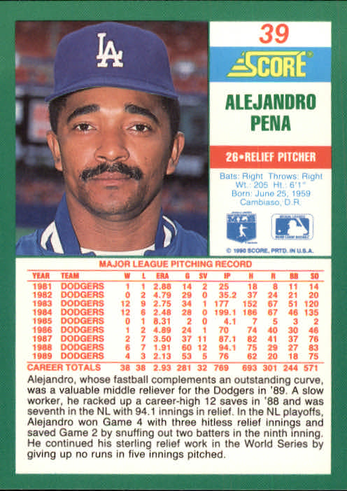 1990 Score #39 Alejandro Pena back image