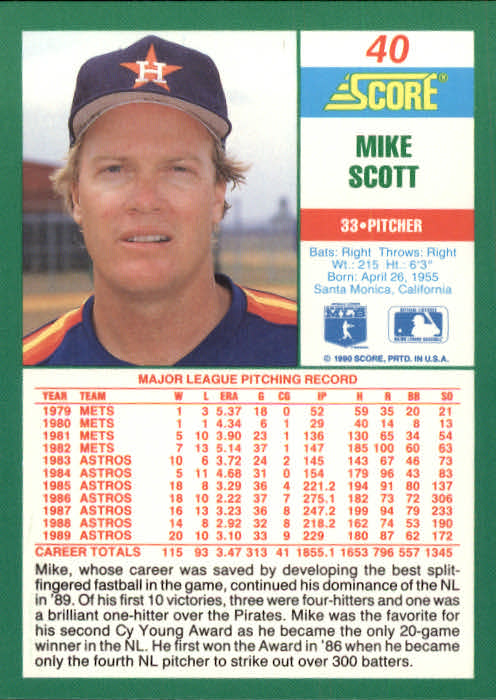 1990 Score #40 Mike Scott back image