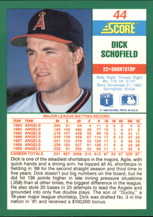 1990 Score #44 Dick Schofield back image
