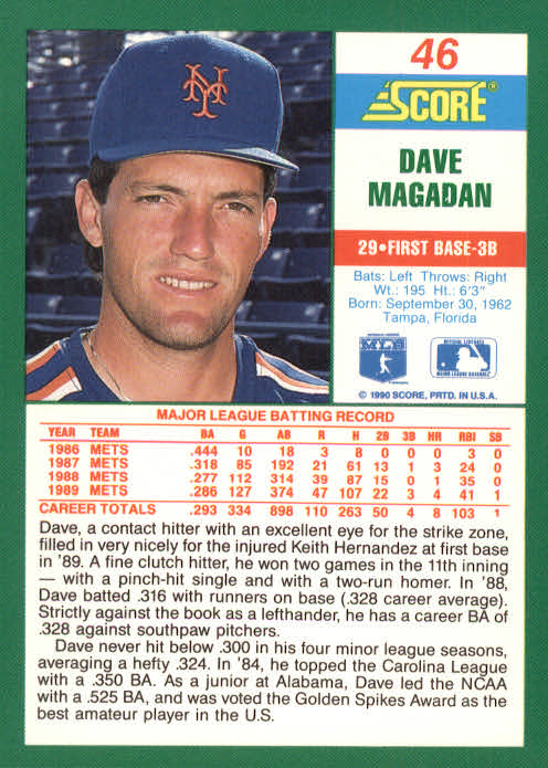 1990 Score #46 Dave Magadan back image