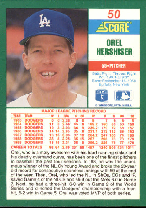1990 Score #50 Orel Hershiser back image