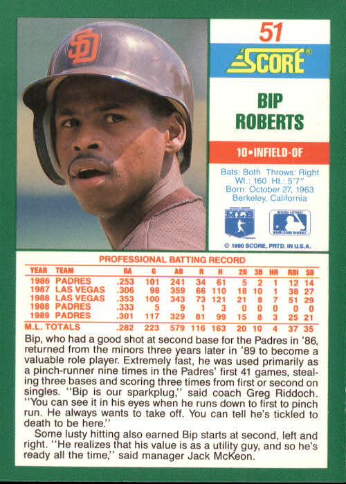 1990 Score #51 Bip Roberts back image