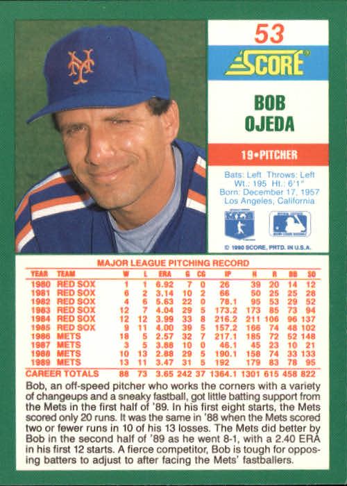 1990 Score #53 Bob Ojeda back image